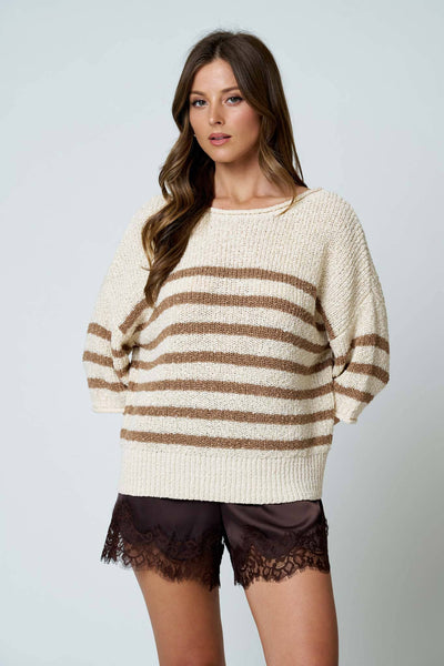 STRIPE TEXTURED KNIT HALF SLEEVE KNIT SWEATER: NAVY