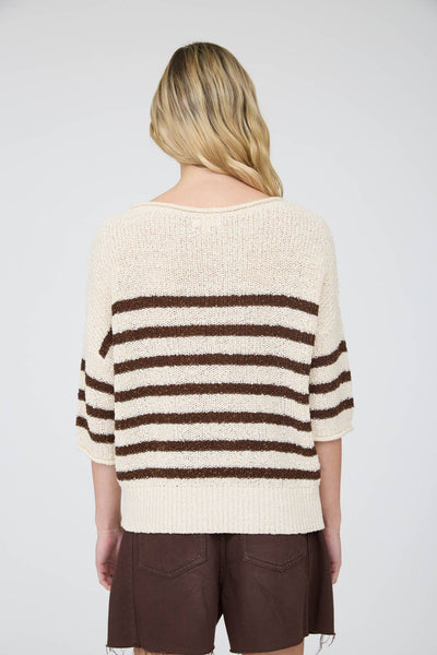 STRIPE TEXTURED KNIT HALF SLEEVE KNIT SWEATER: NAVY