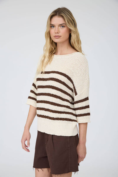 STRIPE TEXTURED KNIT HALF SLEEVE KNIT SWEATER: NAVY