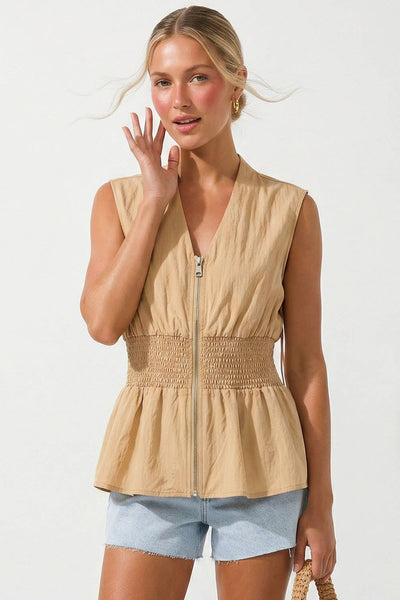 Sleeveless Zip Front Smocked Top: Dark Navy / L