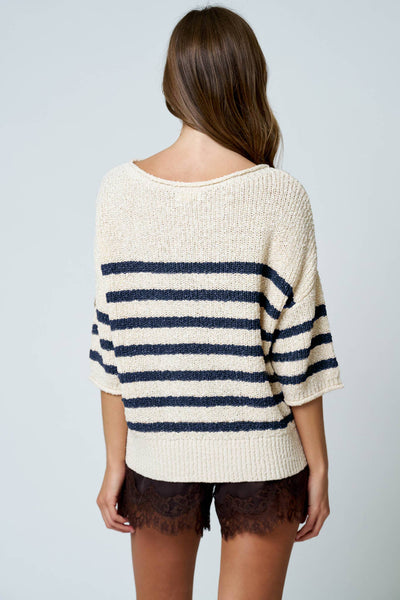 STRIPE TEXTURED KNIT HALF SLEEVE KNIT SWEATER: NAVY