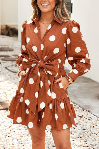 LDC Polka Dot Long Sleeve Tie Waist Casual Shift Mini Dress: Brown / L