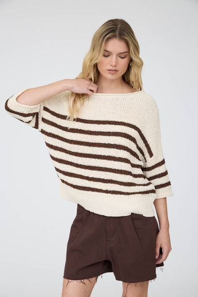 STRIPE TEXTURED KNIT HALF SLEEVE KNIT SWEATER: NAVY