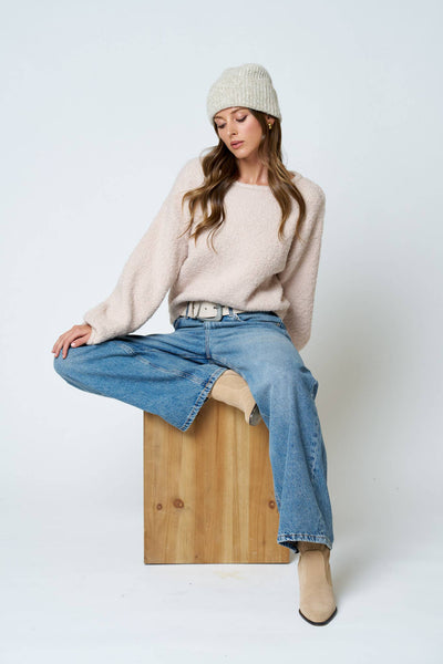 LONG SLEEVE FUZZY KNIT PULLOVER SWEATER : DUSTY BLUE