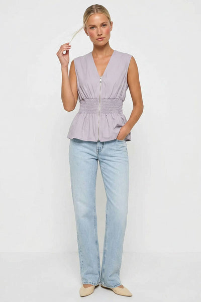 Sleeveless Zip Front Smocked Top: Dark Navy / L