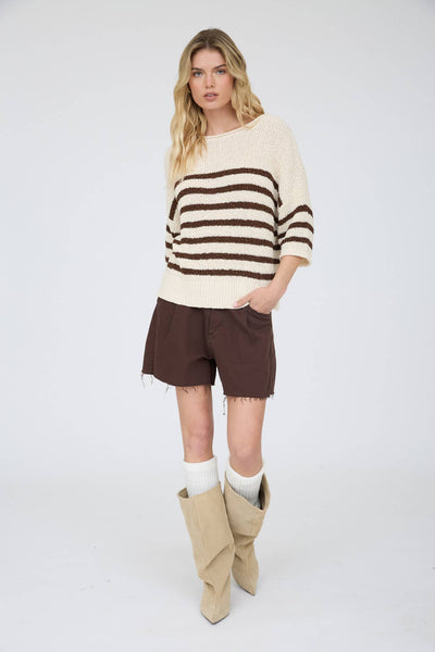 STRIPE TEXTURED KNIT HALF SLEEVE KNIT SWEATER: NAVY
