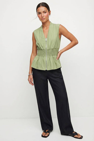 Sleeveless Zip Front Smocked Top: Dark Navy / L
