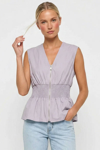 Sleeveless Zip Front Smocked Top: Dark Navy / L
