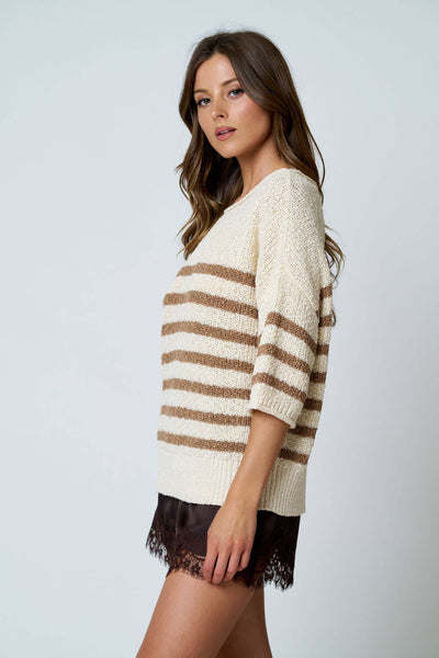 STRIPE TEXTURED KNIT HALF SLEEVE KNIT SWEATER: NAVY