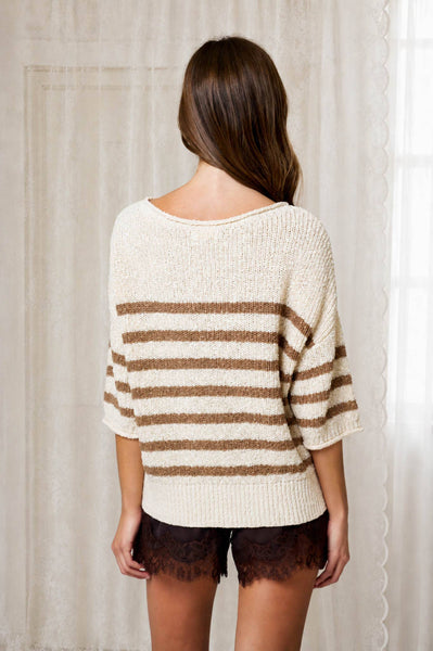 STRIPE TEXTURED KNIT HALF SLEEVE KNIT SWEATER: NAVY