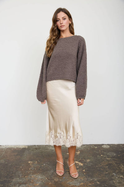 LONG SLEEVE FUZZY KNIT PULLOVER SWEATER : DUSTY BLUE