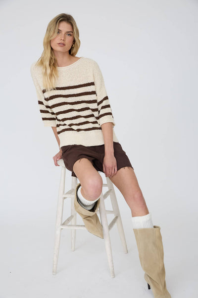 STRIPE TEXTURED KNIT HALF SLEEVE KNIT SWEATER: NAVY