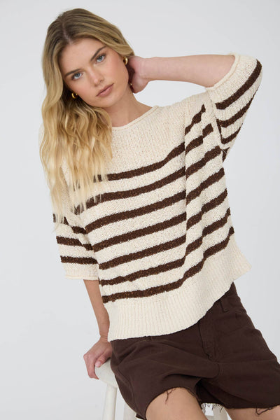 STRIPE TEXTURED KNIT HALF SLEEVE KNIT SWEATER: NAVY