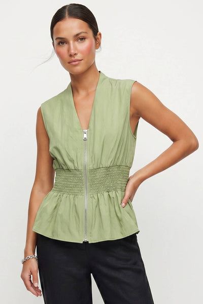 Sleeveless Zip Front Smocked Top: Dark Navy / L