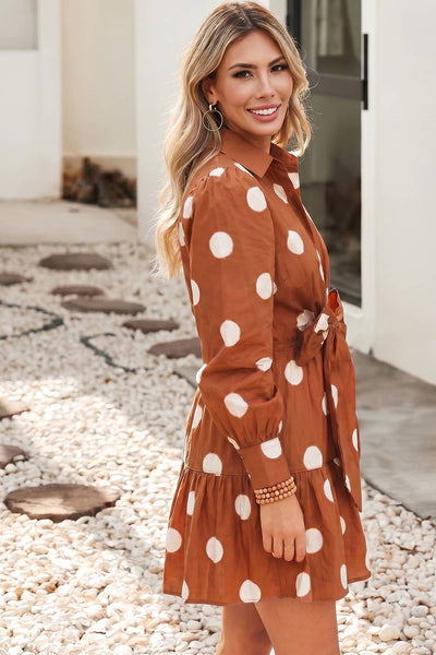 LDC Polka Dot Long Sleeve Tie Waist Casual Shift Mini Dress: Brown / L