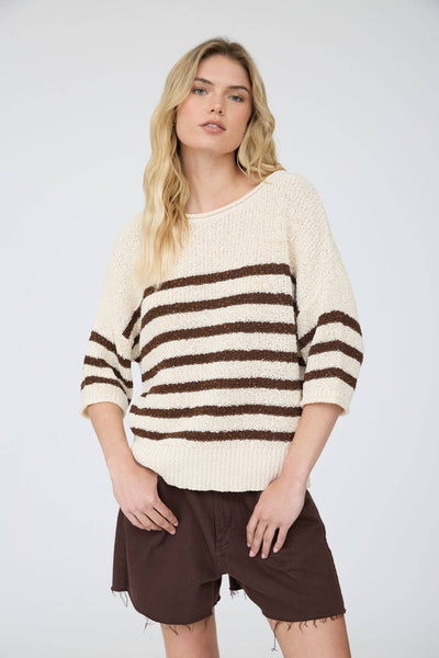 STRIPE TEXTURED KNIT HALF SLEEVE KNIT SWEATER: NAVY