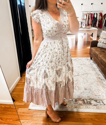 Fiona Floral Flutter Sleeve Smocked Midi Dress