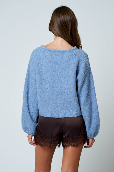 LONG SLEEVE FUZZY KNIT PULLOVER SWEATER : DUSTY BLUE