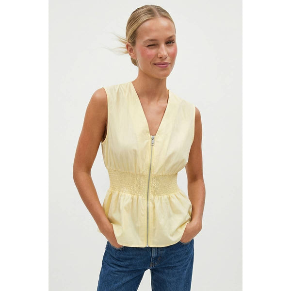 Sleeveless Zip Front Smocked Top: Dark Navy / L