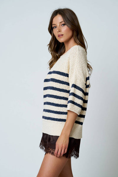 STRIPE TEXTURED KNIT HALF SLEEVE KNIT SWEATER: NAVY