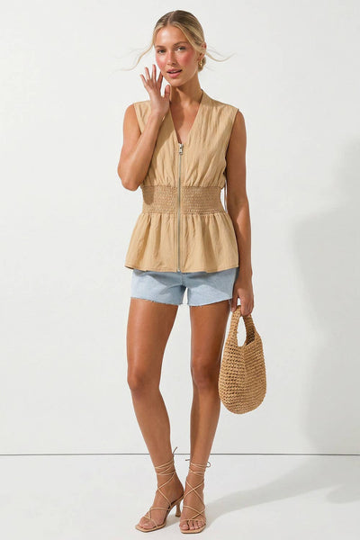 Sleeveless Zip Front Smocked Top: Dark Navy / L