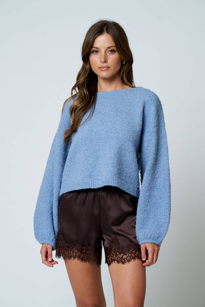 LONG SLEEVE FUZZY KNIT PULLOVER SWEATER : DUSTY BLUE