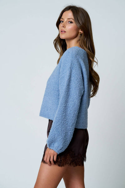 LONG SLEEVE FUZZY KNIT PULLOVER SWEATER : DUSTY BLUE