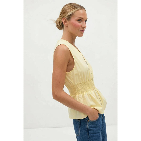 Sleeveless Zip Front Smocked Top: Dark Navy / L