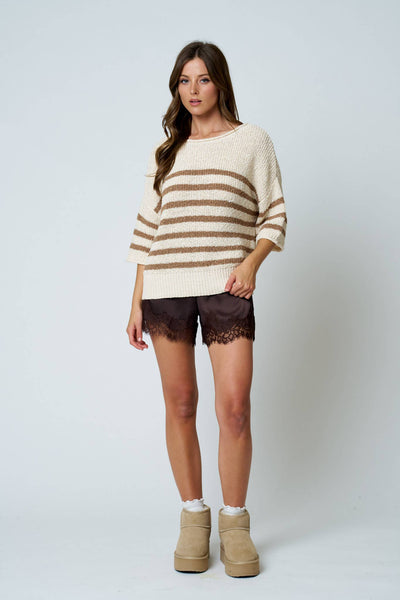 STRIPE TEXTURED KNIT HALF SLEEVE KNIT SWEATER: NAVY