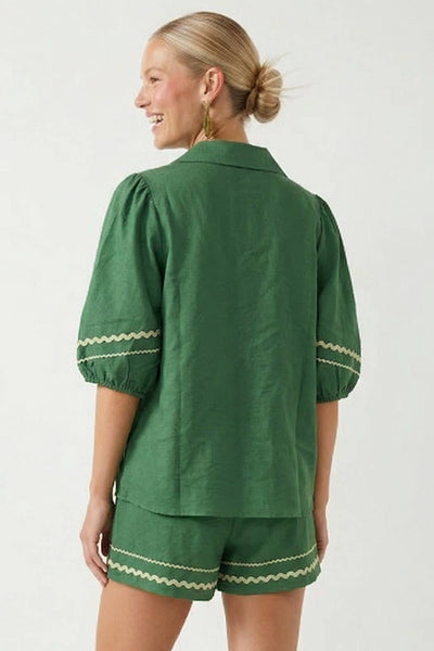Sage Puff Sleeve Linen Blouse