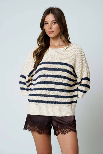 STRIPE TEXTURED KNIT HALF SLEEVE KNIT SWEATER: NAVY