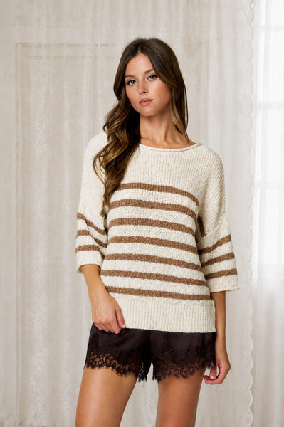 STRIPE TEXTURED KNIT HALF SLEEVE KNIT SWEATER: NAVY
