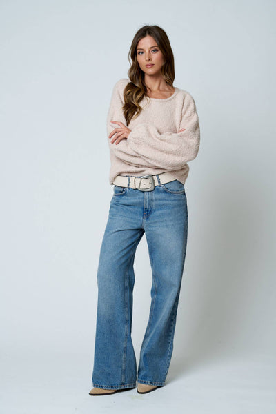 LONG SLEEVE FUZZY KNIT PULLOVER SWEATER : DUSTY BLUE