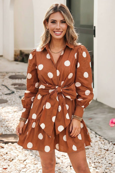 LDC Polka Dot Long Sleeve Tie Waist Casual Shift Mini Dress: Brown / L