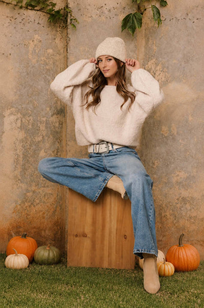 LONG SLEEVE FUZZY KNIT PULLOVER SWEATER : DUSTY BLUE