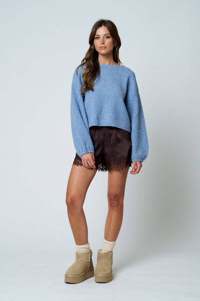 LONG SLEEVE FUZZY KNIT PULLOVER SWEATER : DUSTY BLUE