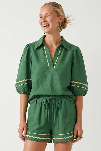 Sage Puff Sleeve Linen Blouse